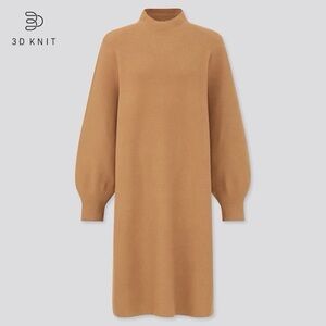 Uniqlo 3D Knit Balloon Sleeve Long Sleeve Mock Neck Dress in Tan Brown